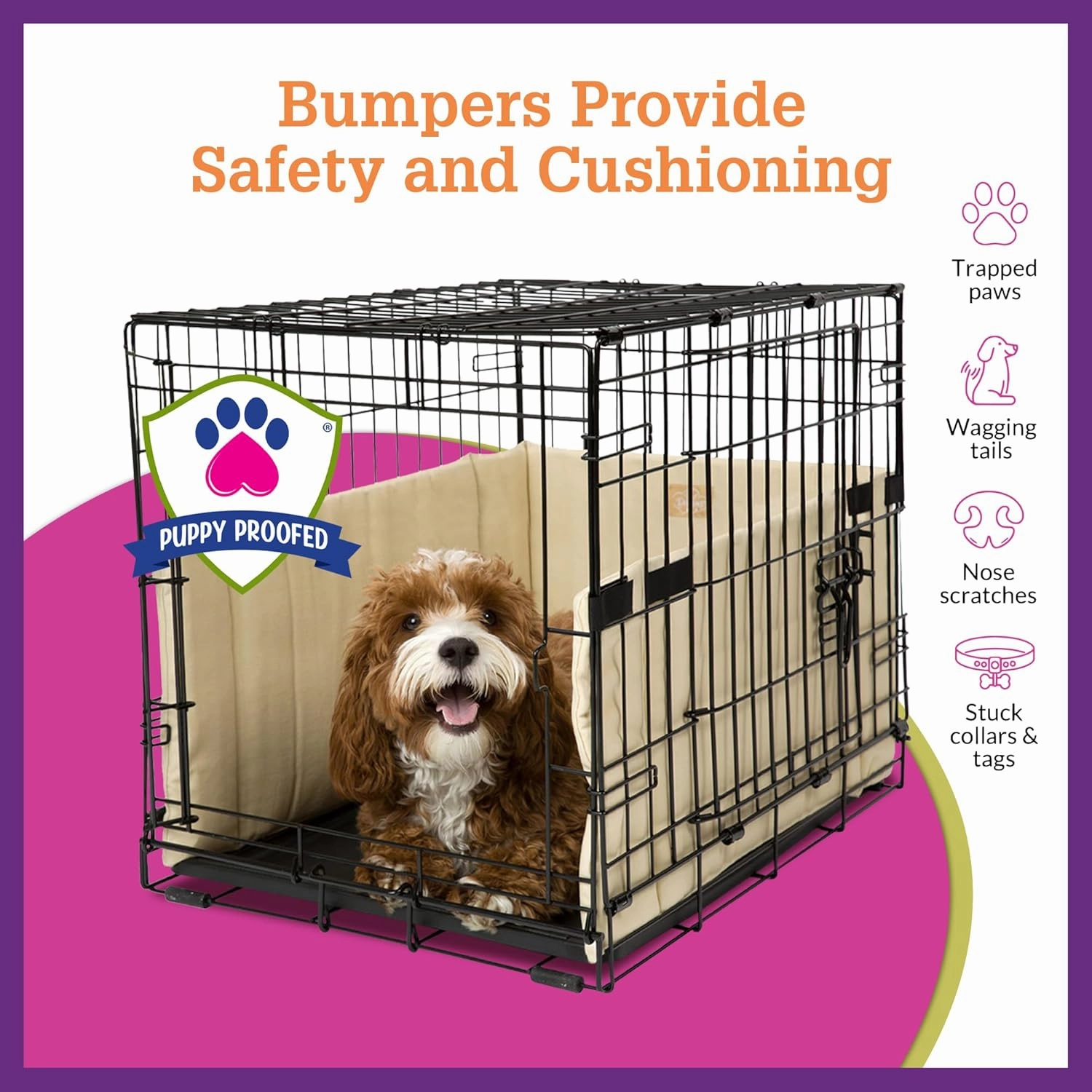 Pet Dreams Dog Crate Bumper - Comfy Liner & Dog Tail Protector for Inside Crate, Fits iCrate Cages 18, 24, 30, 36, 42, 48 Inches (Khaki, Small, 24")