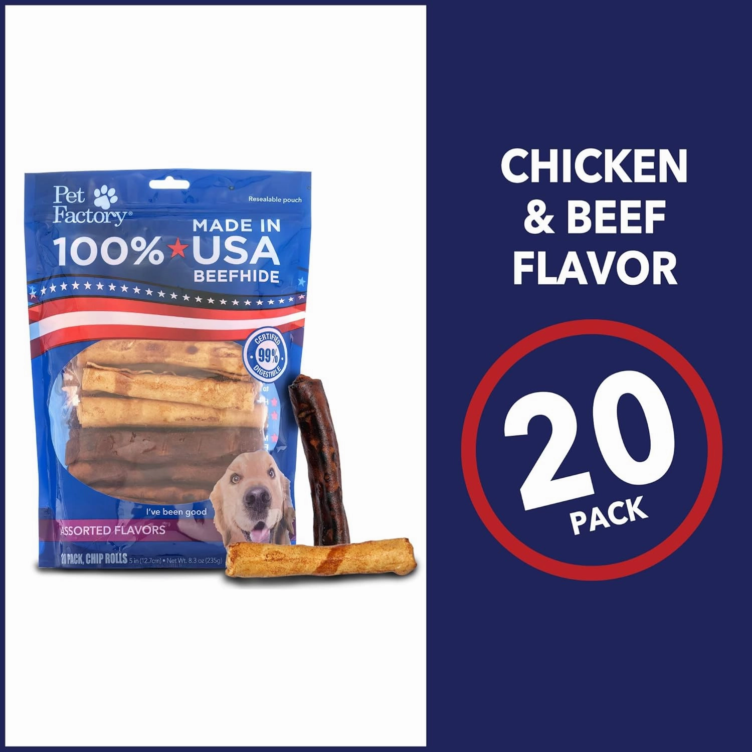 Pet Factory 100% Made in USA Beefhide 5" Chip Rolls Dog Chew Treats - Beef & Chicken Flavor, 20 Count/1 Pack