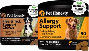 Pet Honesty Flea and Tick Prevention & Allergy Itch Relief Bundle: Natural Flea Chews & Allergy Relief for Skin and Coat (Bacon & Salmon 90 ct)
