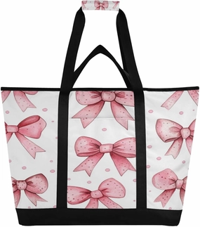 Pink Bow Reusable Insulated Lunchbox Cooler Bag, Leakproof Kitchen Grocery Bag Collapsible Portable Cooler Tote Bag for Picnic, Camping, Office, Travel