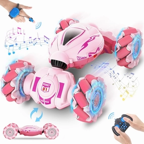Pink RC Car Toys for Girls Aged 6-12, Gesture Sensing RC Stunt Cars with Lights Music for Girl Birthday Xmas Gifts, 2.4GHz 4WD Pink Remote Control Toy Double-Side Flip 360° All-Round Rotation