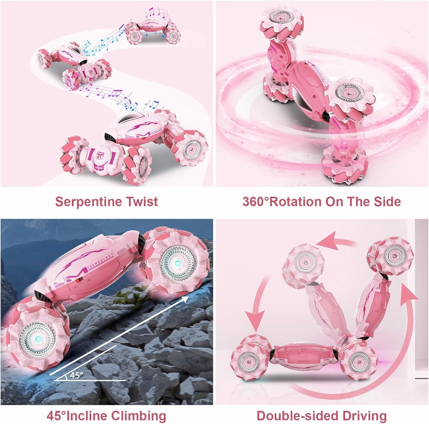 Pink RC Car Toys for Girls Aged 6-12, Gesture Sensing RC Stunt Cars with Lights Music for Girl Birthday Xmas Gifts, 2.4GHz 4WD Pink Remote Control Toy Double-Side Flip 360° All-Round Rotation