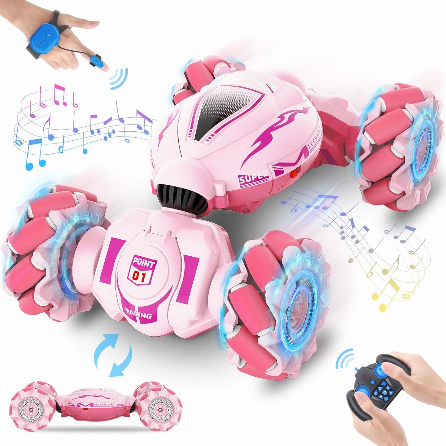 Pink RC Car Toys for Girls Aged 6-12, Gesture Sensing RC Stunt Cars with Lights Music for Girl Birthday Xmas Gifts, 2.4GHz 4WD Pink Remote Control Toy Double-Side Flip 360° All-Round Rotation
