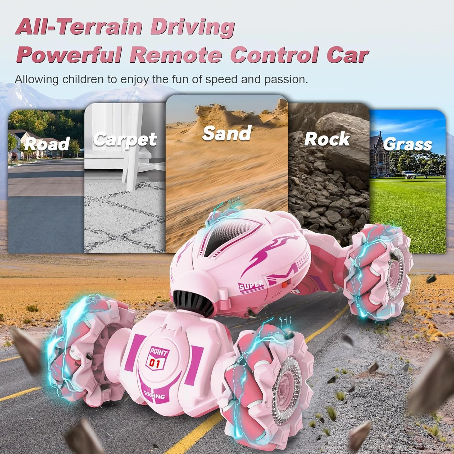 Pink RC Car Toys for Girls Aged 6-12, Gesture Sensing RC Stunt Cars with Lights Music for Girl Birthday Xmas Gifts, 2.4GHz 4WD Pink Remote Control Toy Double-Side Flip 360° All-Round Rotation