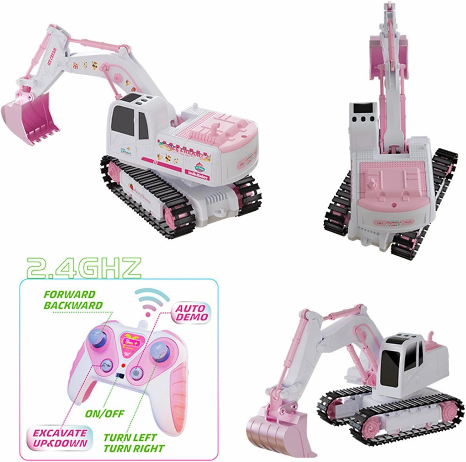 Pink RC Excavator, 6 Channel 2.4Ghz RC Construction Vehicle, 1:24 Scale Pink Excavator Toy with 360° Rotation, Light Sound and DIY Stickers Birthday Gift for 4-12 Girls Kids