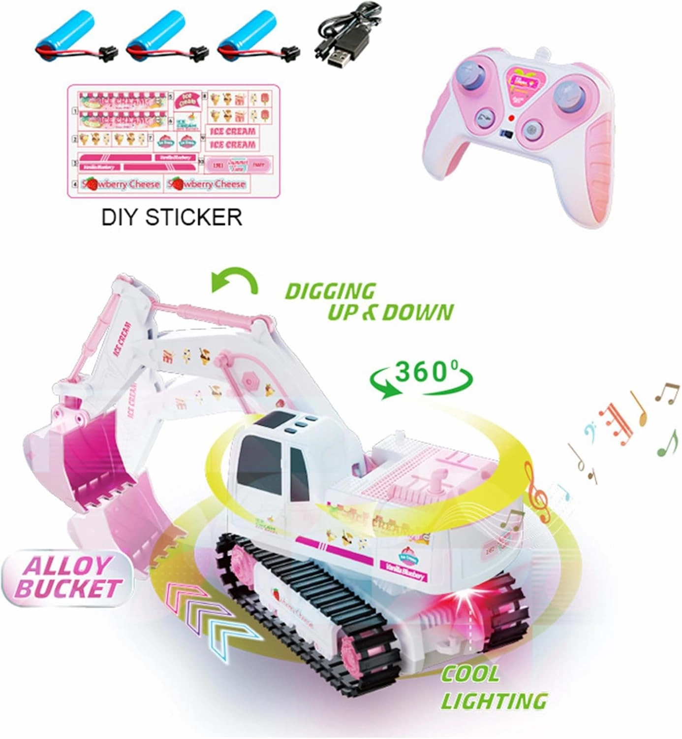 Pink RC Excavator, 6 Channel 2.4Ghz RC Construction Vehicle, 1:24 Scale Pink Excavator Toy with 360° Rotation, Light Sound and DIY Stickers Birthday Gift for 4-12 Girls Kids