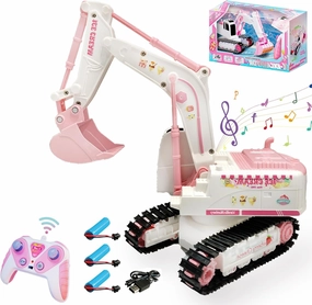 Pink RC Excavator, 6 Channel 2.4Ghz RC Construction Vehicle, 1:24 Scale Pink Excavator Toy with 360° Rotation, Light Sound and DIY Stickers Birthday Gift for 4-12 Girls Kids