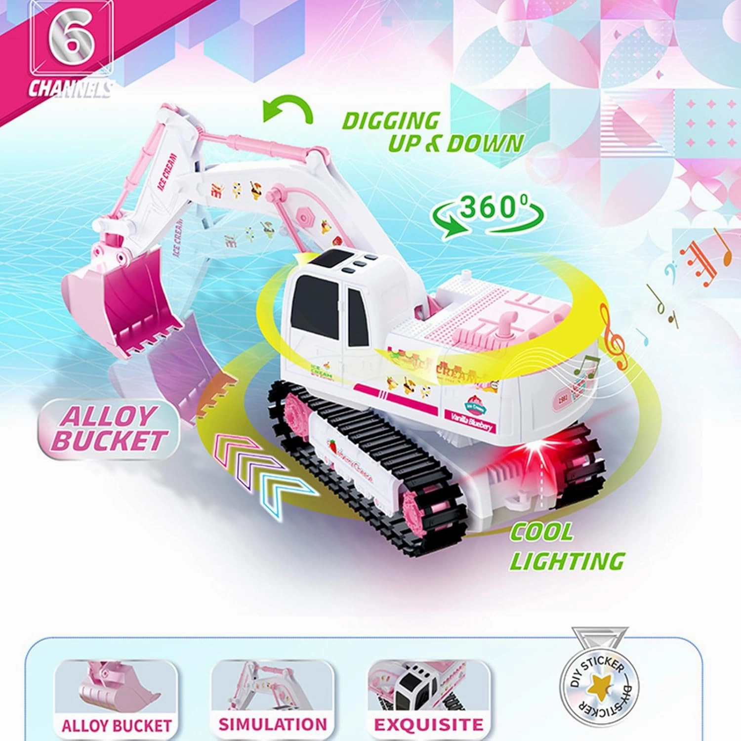 Pink RC Excavator, 6 Channel 2.4Ghz RC Construction Vehicle, 1:24 Scale Pink Excavator Toy with 360° Rotation, Light Sound and DIY Stickers Birthday Gift for 4-12 Girls Kids