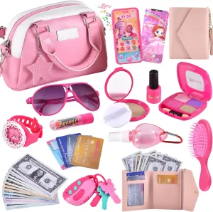 Play Purse for Little Girls, Kids Purse with Pretend Makeup for Toddlers, Princess Pretend Play Toys with Handbag, Phone,Watch,Birthday Gift for Age 3 4 5 6 7 8