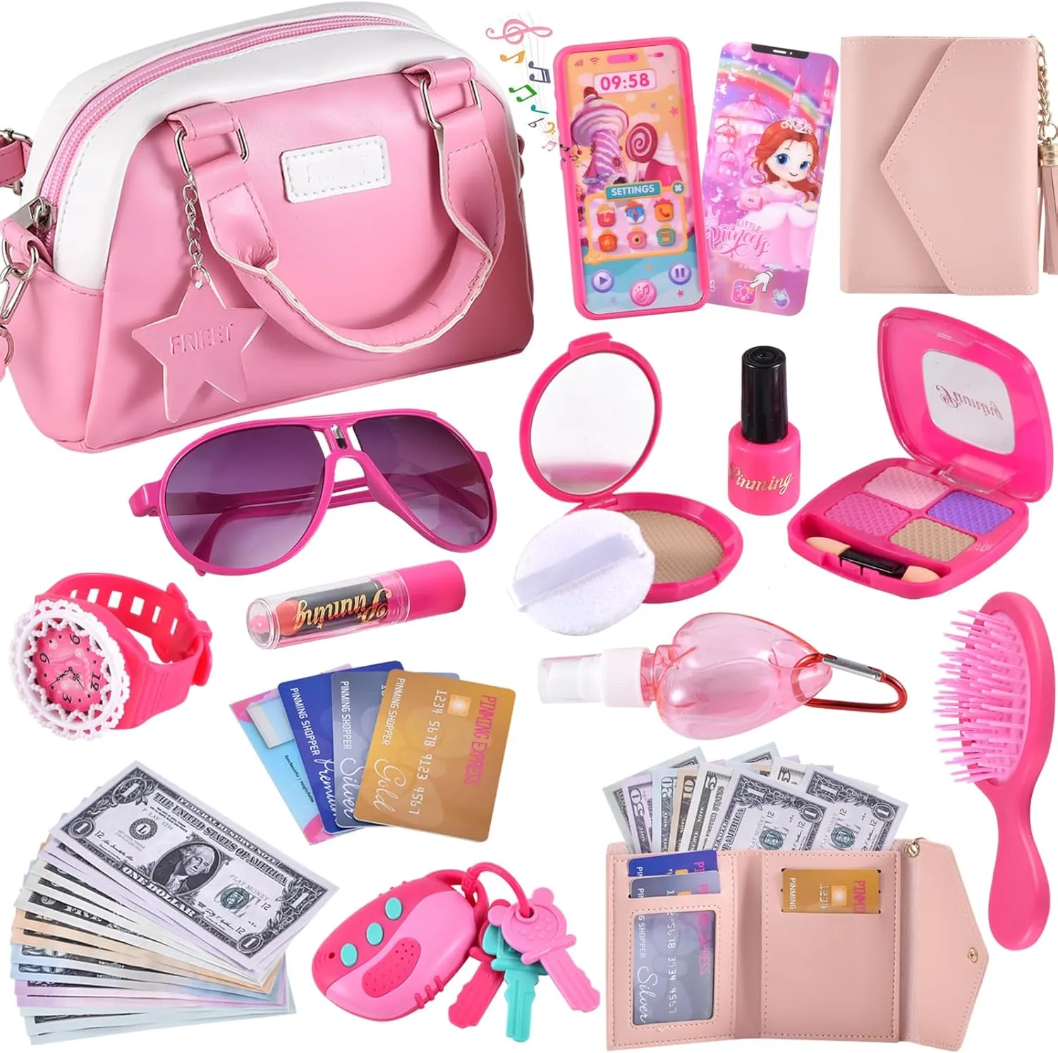 Play Purse for Little Girls, Kids Purse with Pretend Makeup for Toddlers, Princess Pretend Play Toys with Handbag, Phone,Watch,Birthday Gift for Age 3 4 5 6 7 8