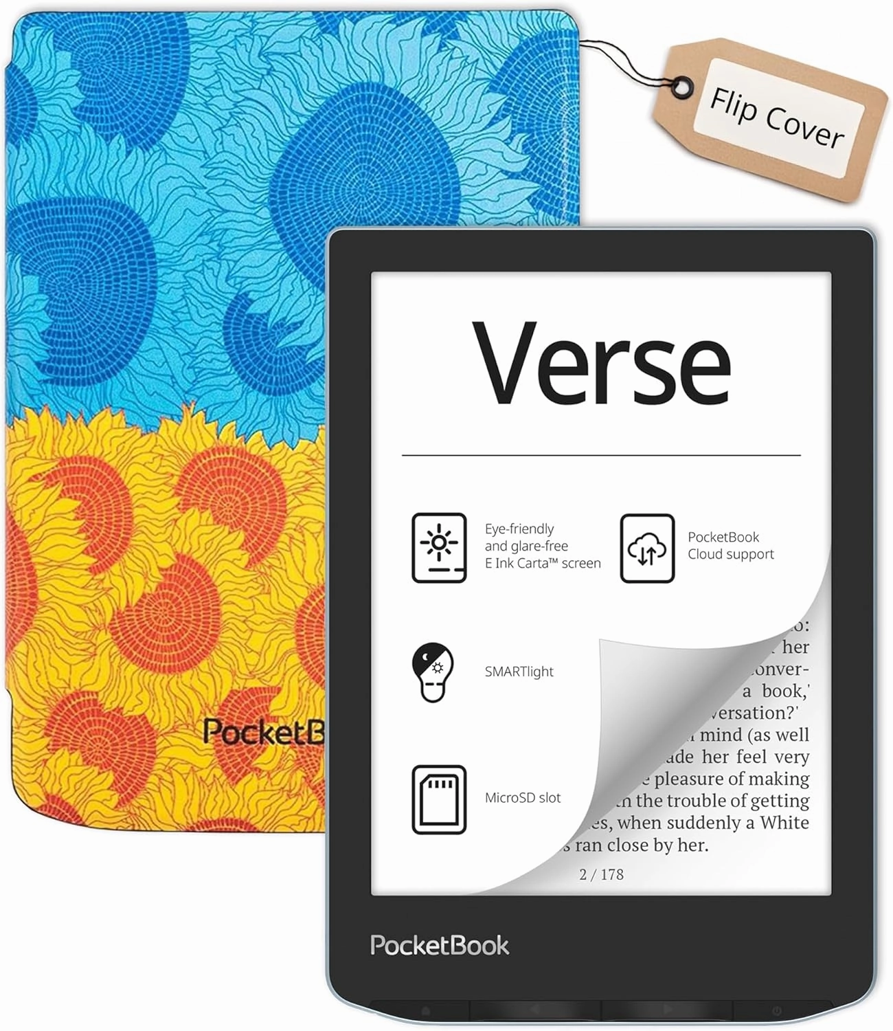 PocketBook Verse E-Reader with Flip Cover | Eye-Friendly 6'' E-Ink Carta™ HD Touchscreen | Adjustable SMARTlight | Up to 1 Month of Battery Life| E-Book Reader in Bright Blue
