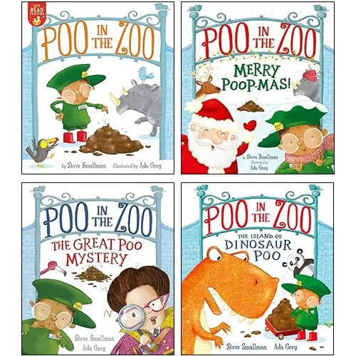 Pooh in the Zoo Series 4 Books Collection Set By Smallman & Grey(Pooh in the Zoo, Merry Poopmas!, The Great Poo Mystery & The Island of Dinosaur Poo)