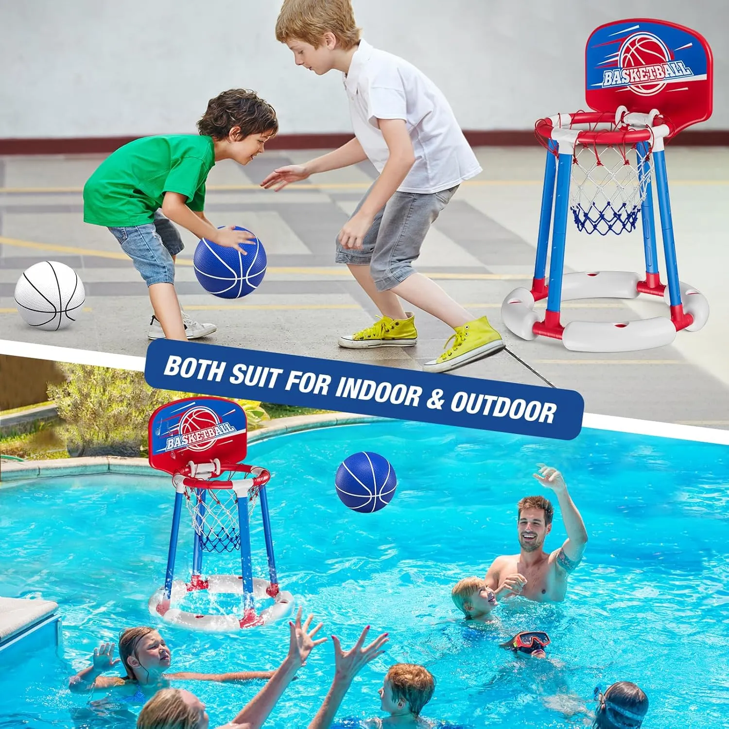 Pool Basketball Hoop Poolside with Backboard, Floating Pool Toys with 4 Basketballs/4 Water Balloons/Pump, Swimming Pool Games for Kids & Adults Indoor Outdoor Play, Red
