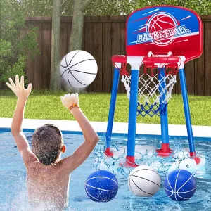 Pool Basketball Hoop Poolside with Backboard, Floating Pool Toys with 4 Basketballs/4 Water Balloons/Pump, Swimming Pool Games for Kids & Adults Indoor Outdoor Play, Red