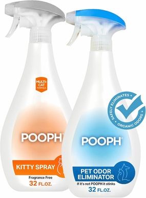 POOPH Pet Odor Eliminator and Litter Box Deodorizer - 2x32oz Bottles - Instant, Safe, Fragrance-Free, Clear, Non-Staining, Unscented