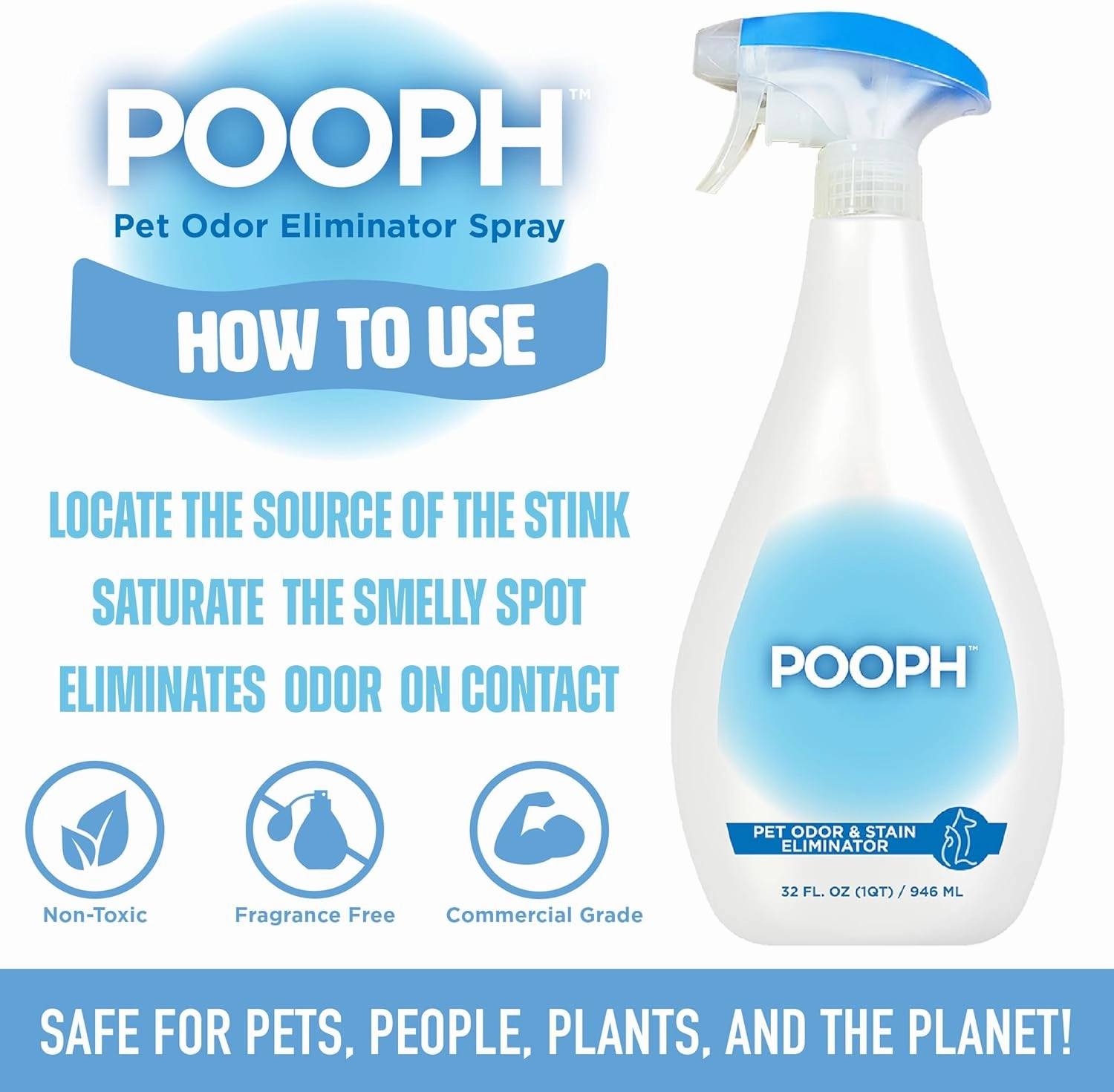 POOPH Pet Odor Eliminator and Litter Box Deodorizer - 2x32oz Bottles - Instant, Safe, Fragrance-Free, Clear, Non-Staining, Unscented