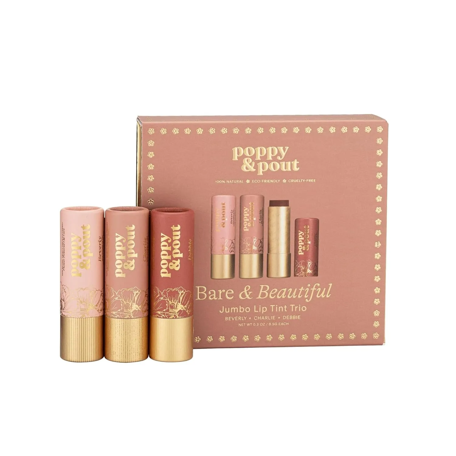 Poppy & Pout All Natural Lip Tints, Sustainable Cardboard Tubes, Hand-filled, Beeswax, Vitamin E, Coconut Oil, Cruelty Free (Bare & Beautiful Trio)