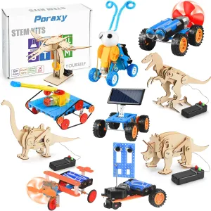 Poraxy 10 Sets Science Toys for Kids Age 8-12, Science Kits for Kids Age 5-7, Birthday Gifts 6-8 7 8 9 10 11 12 13 Yr Old Boys Girls STEM Activities Wood Building Dinosaur & Car for Child Ages 8-10