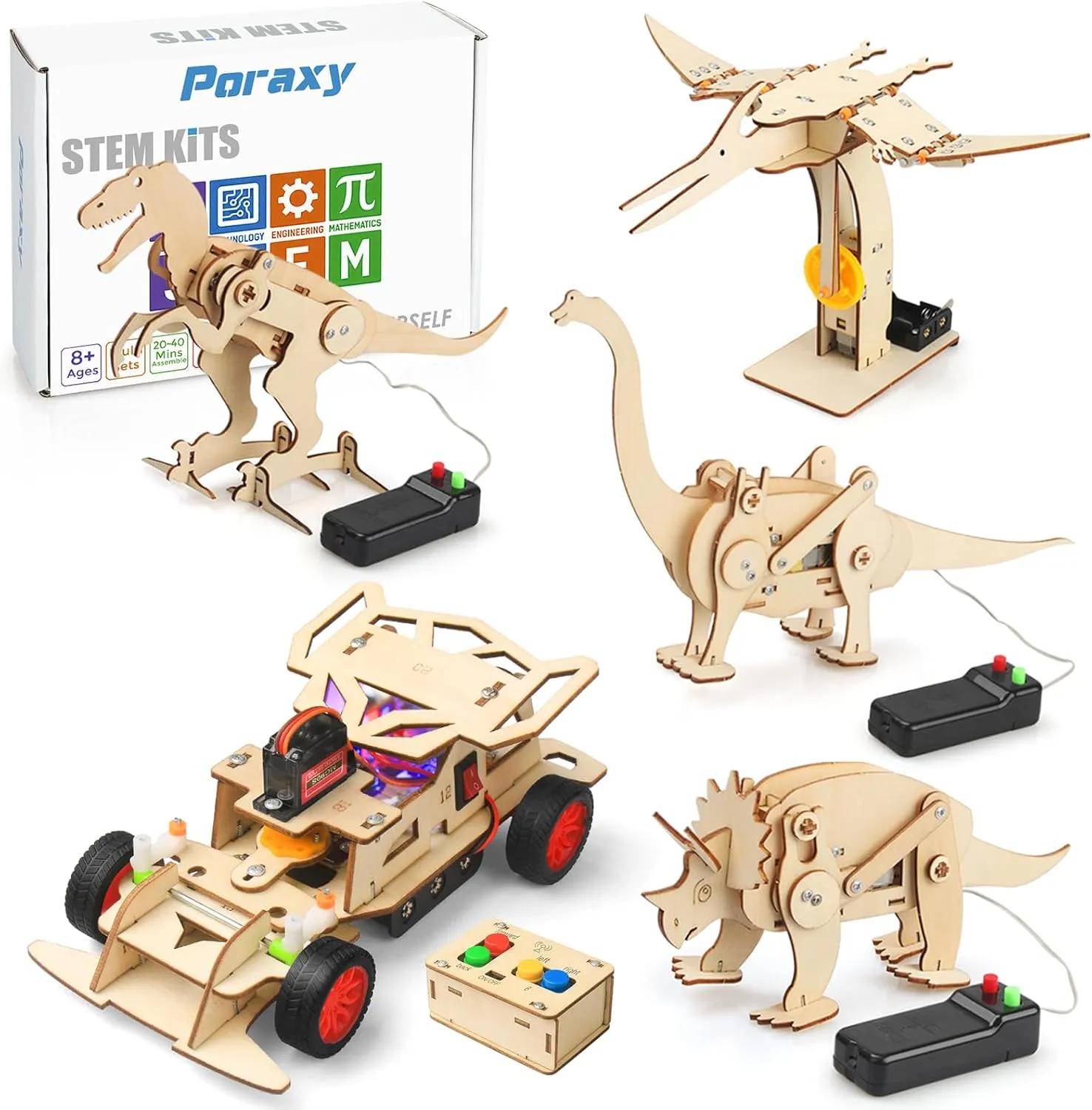 Poraxy 5 Sets Science Toys for Kids Age 8-12, STEM Activities Science Kits for Kids Age 5-7, Dinosaur & Car for Child Ages 8-10, Birthday Gifts 6-8 7 8 9 10 11 12 13 Yr Old Boys Girls Wood Building