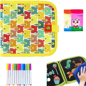 Portable Erasable Graffiti Drawing Book,Reusable Erasable Book Doodle Set,Reusable Double-Sided Painting Book,Magic Drawing Book with 12 Watercolor Pens,14 Page Drawing,Exercise Painting(Yellow)
