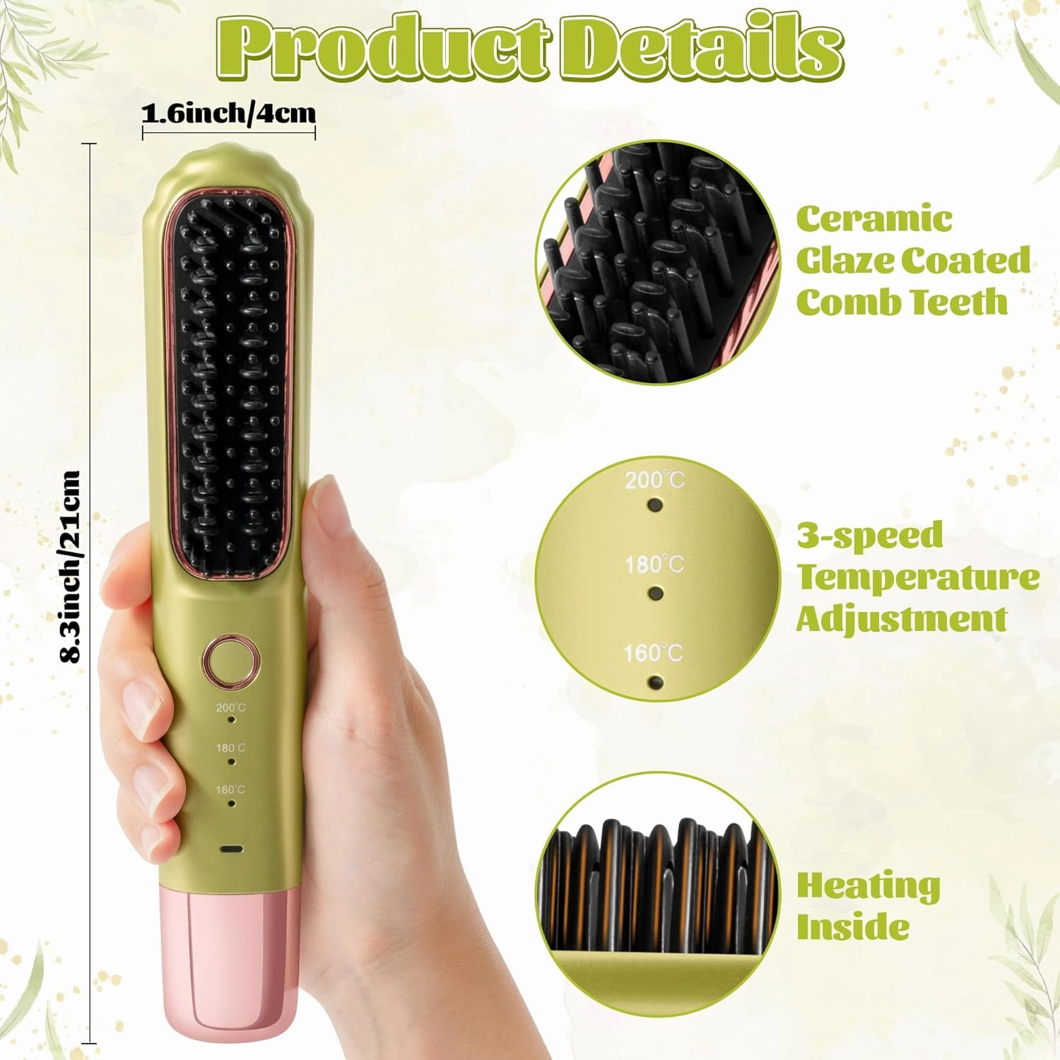 Portable Hair Straightener Brush - Mini Cordless Wireless Hot Comb, Rechargeable Flat Iron Straightening Brush with Negative Ions, Electric Black Hair Styling Tool for Girl Women Travel (Green)