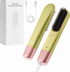 Portable Hair Straightener Brush - Mini Cordless Wireless Hot Comb, Rechargeable Flat Iron Straightening Brush with Negative Ions, Electric Black Hair Styling Tool for Girl Women Travel (Green)