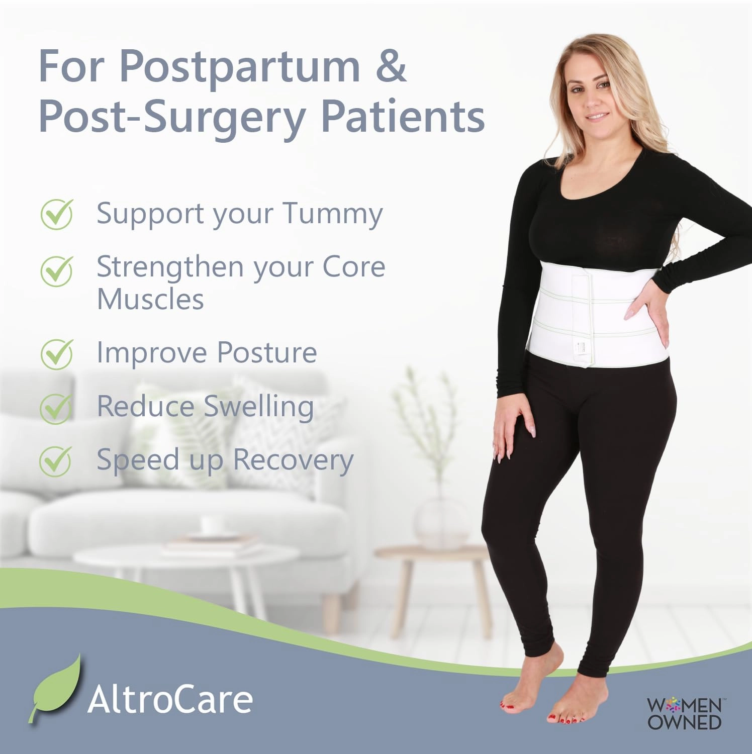 Postpartum & Post Surgery Abdominal Binder. 3-Panel belly band for recovery after childbirth, hysterectomy, tummy tuck, hernia, diastasis recti. Size S/M (30" to 45"). Made in USA.