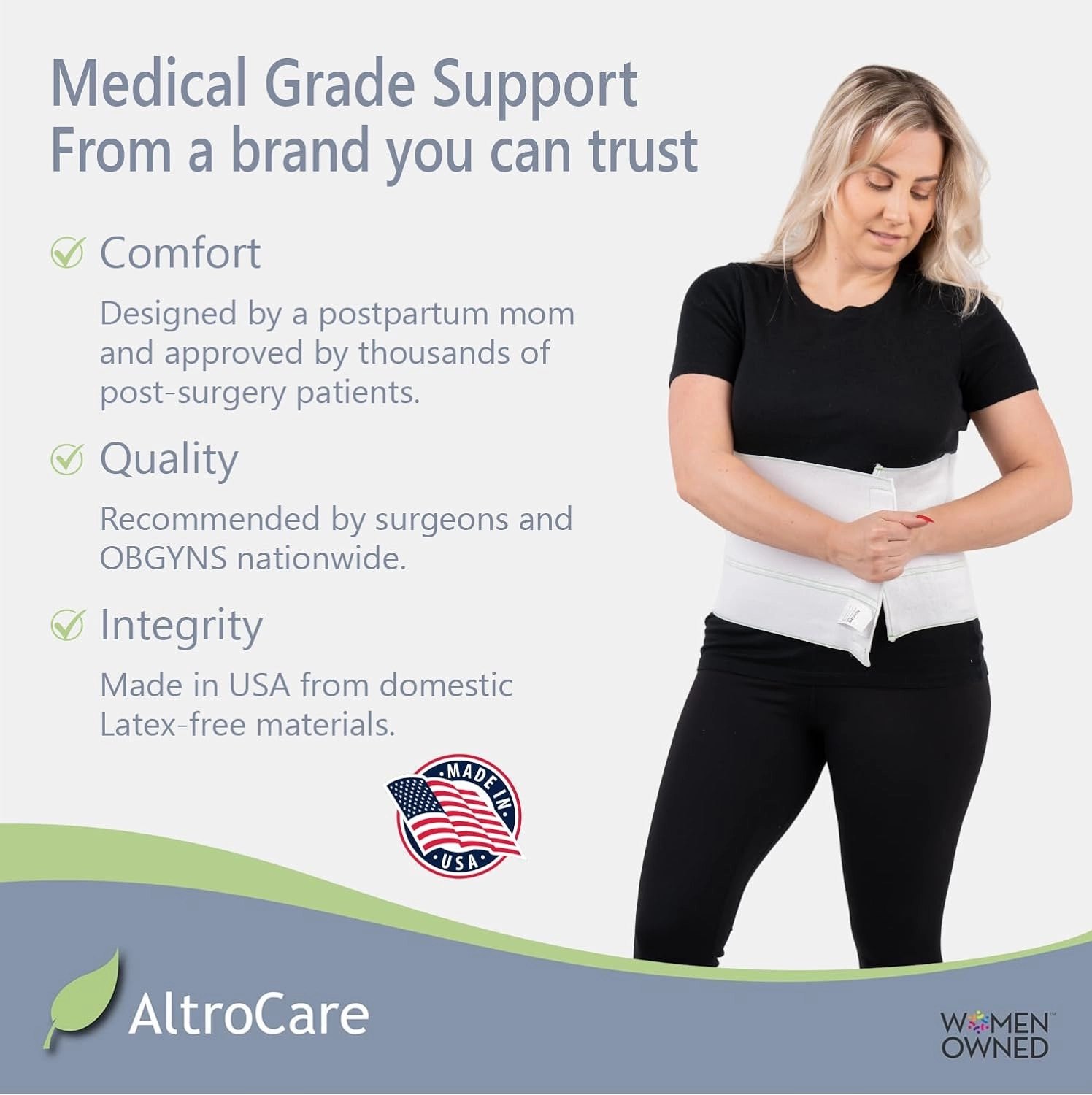 Postpartum & Post Surgery Abdominal Binder. 3-Panel belly band for recovery after childbirth, hysterectomy, tummy tuck, hernia, diastasis recti. Size S/M (30" to 45"). Made in USA.
