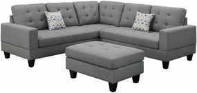 Poundex 3 Piece Fabric Sectional Sofa Set with Ottoman in Gray, Grey