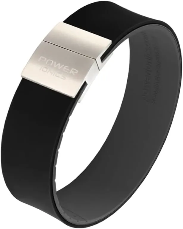 Power Ionics Balance Bracelet for Men and Women with Magnetic Stainless Steel Buckle - Black, Gold, Silver - Black/Gray Silicone Band, Adjustable 13-21 cm Length, 2 cm Width, Jewelry Gift Bag