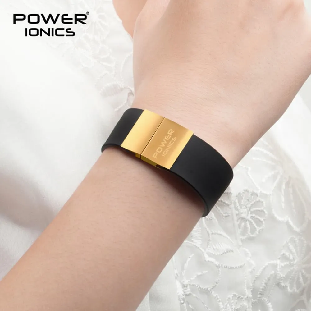 Power Ionics Balance Bracelet for Men and Women with Magnetic Stainless Steel Buckle - Black, Gold, Silver - Black/Gray Silicone Band, Adjustable 13-21 cm Length, 2 cm Width, Jewelry Gift Bag