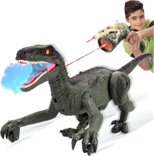 PowerTRC Remote Control Dinosaur for Boys 4-7, RC Toys for Kids 3-5 With Realistic Legs & Spray Stream, LED Light Chasing Dinosaur for Kids 8-12 Birthday Gift Green