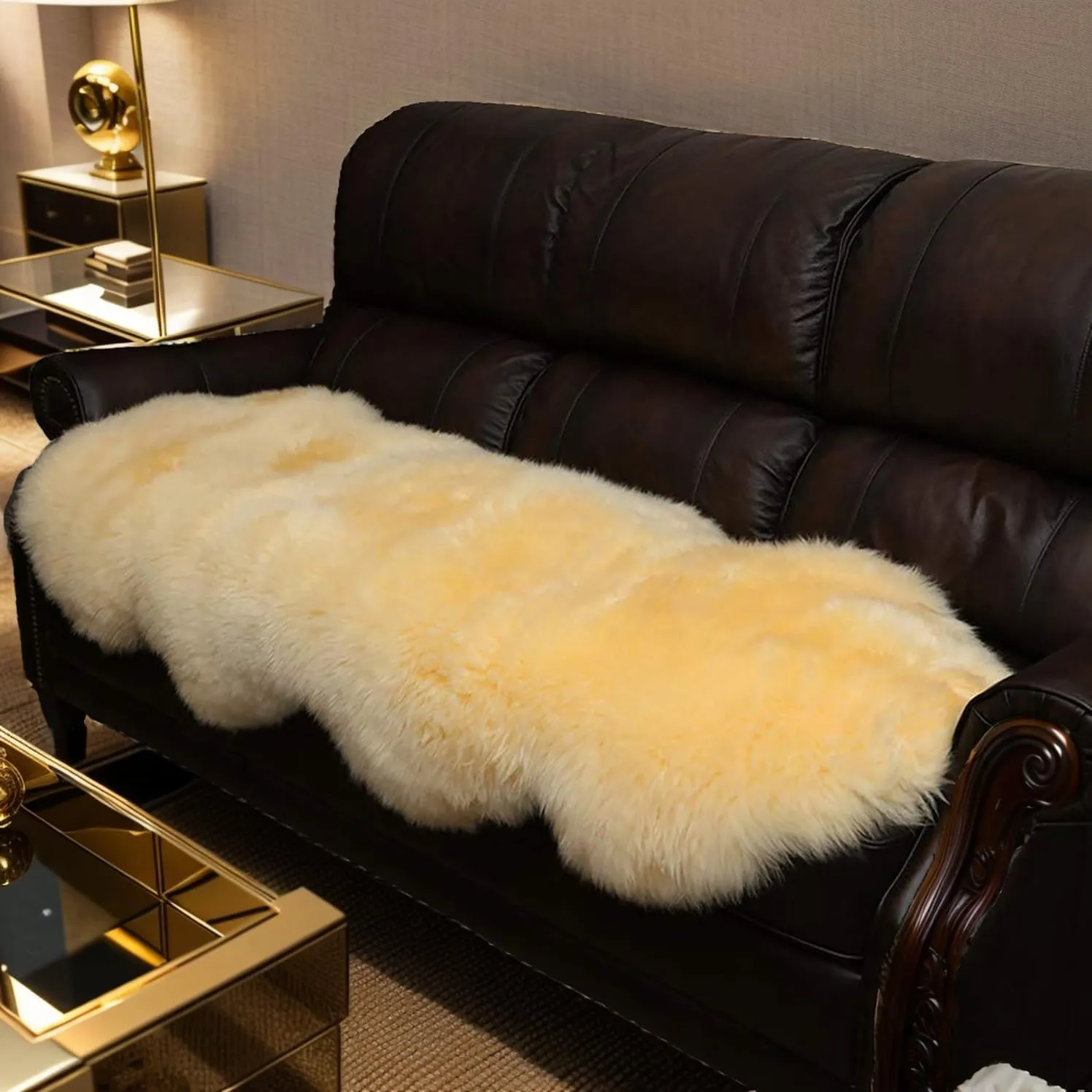 Premium Genuine Sheepskin Rug, Real Australia Sheepskin Natural Lambskin Fur Area Rug Seat Covers for Kids Bedroom Sofa Chair Cover Pets Dogs Mat Double Pelt/2FT*6FT Golden Yellow