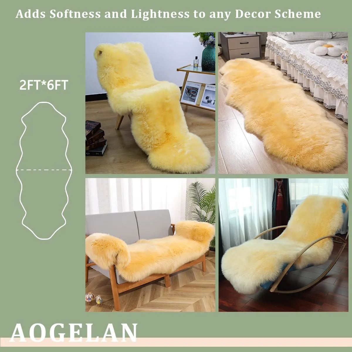 Premium Genuine Sheepskin Rug, Real Australia Sheepskin Natural Lambskin Fur Area Rug Seat Covers for Kids Bedroom Sofa Chair Cover Pets Dogs Mat Double Pelt/2FT*6FT Golden Yellow