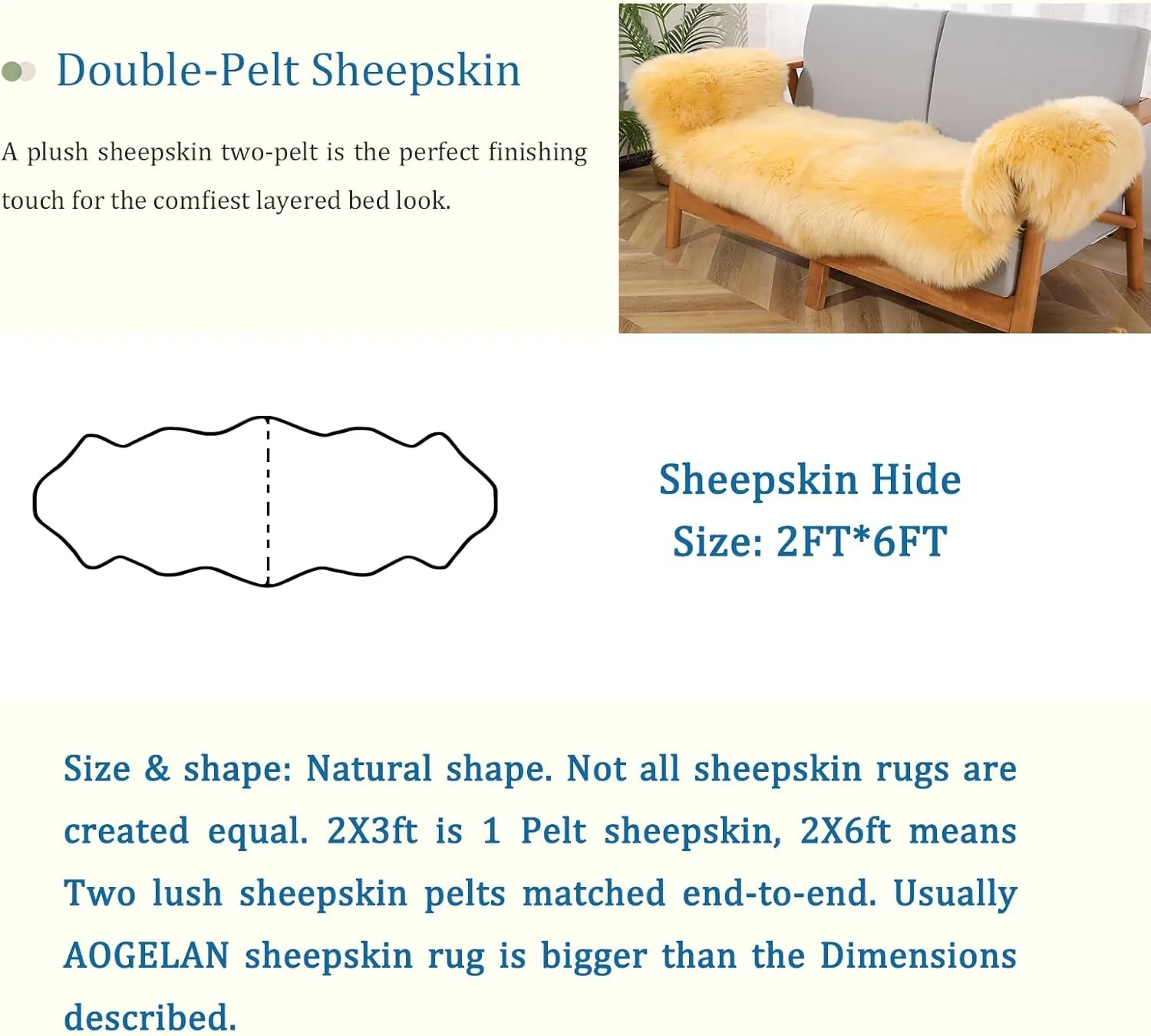 Premium Genuine Sheepskin Rug, Real Australia Sheepskin Natural Lambskin Fur Area Rug Seat Covers for Kids Bedroom Sofa Chair Cover Pets Dogs Mat Double Pelt/2FT*6FT Golden Yellow
