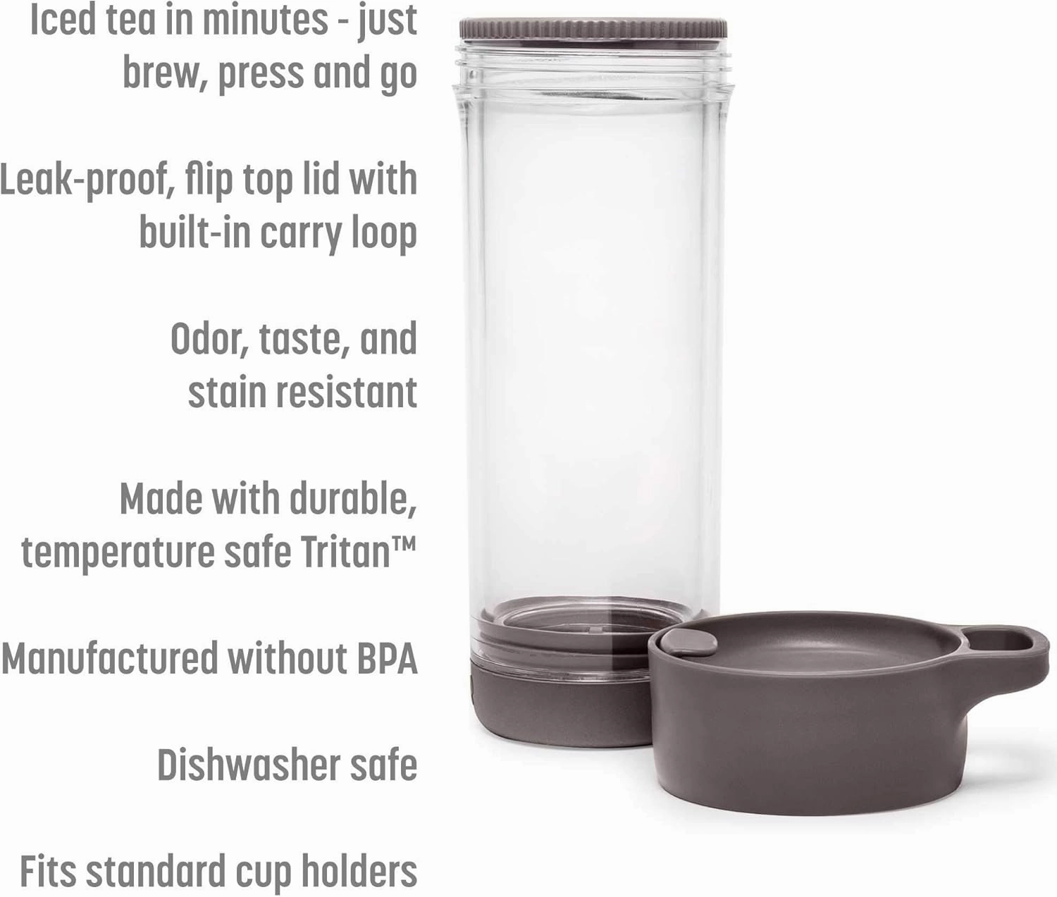 Press and Go Iced Tea Tumbler For Loose Leaf or Bagged Teas, Double Wall Travel Tea Mug with Stainless Steel Infuser, Leakproof, Dishwasher Safe