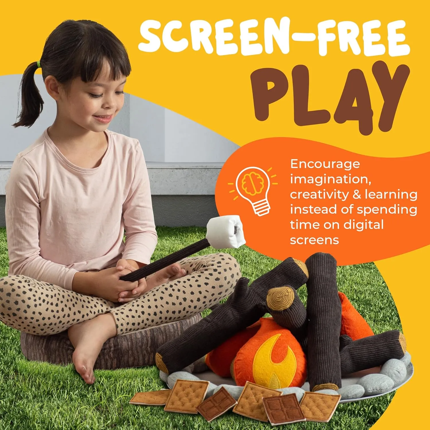 Pretend Campfire Set for Kids with S'Mores Kit & Wood Log Pillow - Soft, Safe & Durable Toy Campfire for Pretend Play & Sensory Play - Giftable Plush Felt Kids Campfire Playset for Ages 3 