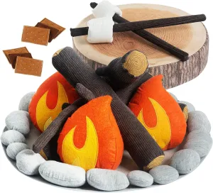 Pretend Campfire Set for Kids with S'Mores Kit & Wood Log Pillow - Soft, Safe & Durable Toy Campfire for Pretend Play & Sensory Play - Giftable Plush Felt Kids Campfire Playset for Ages 3 