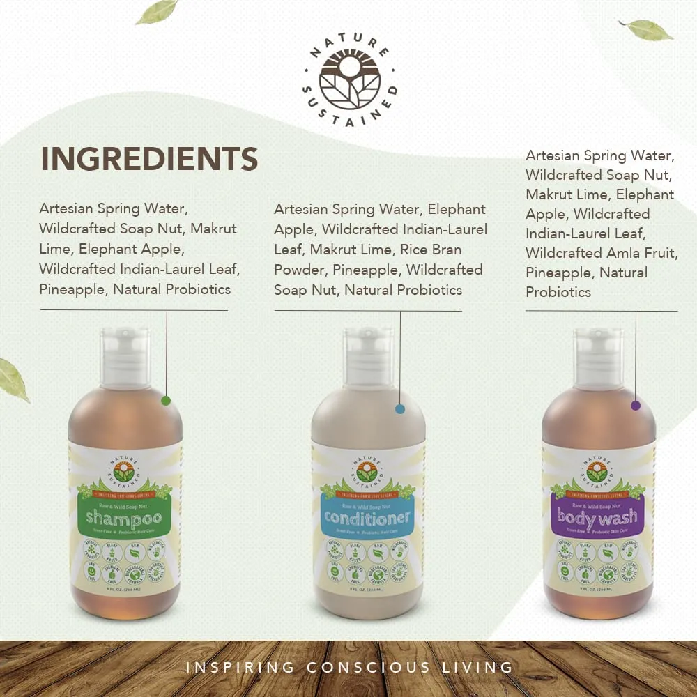 Probiotic Soapberry Body Wash, Shampoo & Conditioner Gift Bundle [Unscented] (3 Pack, pH Balanced) for Dry Hair and Sensitive Skin - (9 Oz. Bottles)