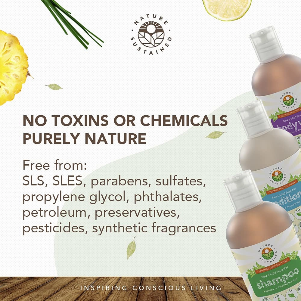 Probiotic Soapberry Shampoo, Body Wash & Conditioner [Lemongrass] (3 Pack Gift Bundle) for Sensitive & Dry Skin and Hair - pH Balanced (9 Oz. Bottles)