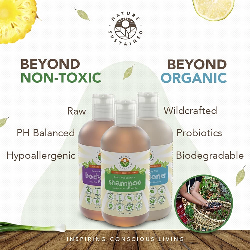 Probiotic Soapberry Shampoo, Body Wash & Conditioner [Lemongrass] (3 Pack Gift Bundle) for Sensitive & Dry Skin and Hair - pH Balanced (9 Oz. Bottles)