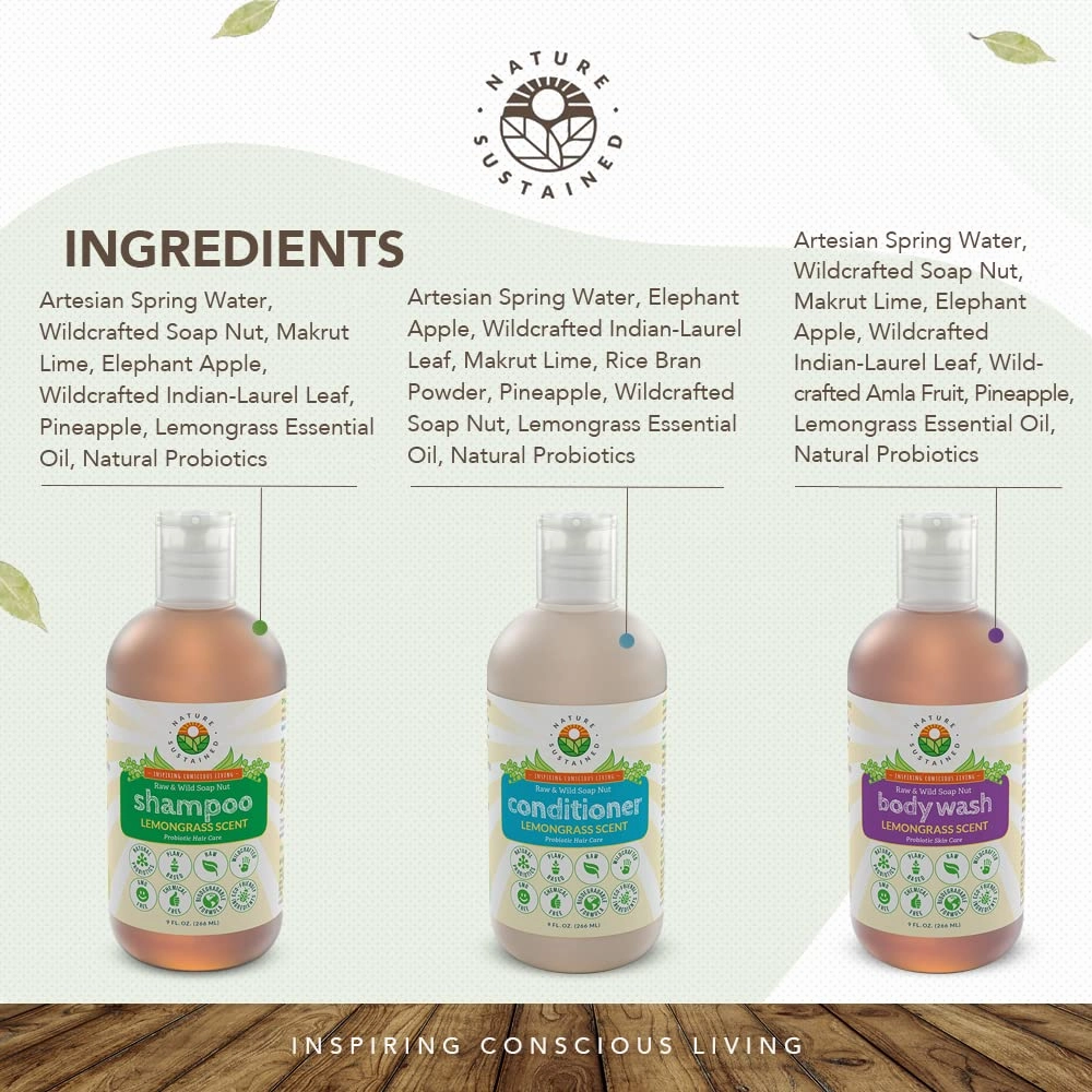 Probiotic Soapberry Shampoo, Body Wash & Conditioner [Lemongrass] (3 Pack Gift Bundle) for Sensitive & Dry Skin and Hair - pH Balanced (9 Oz. Bottles)