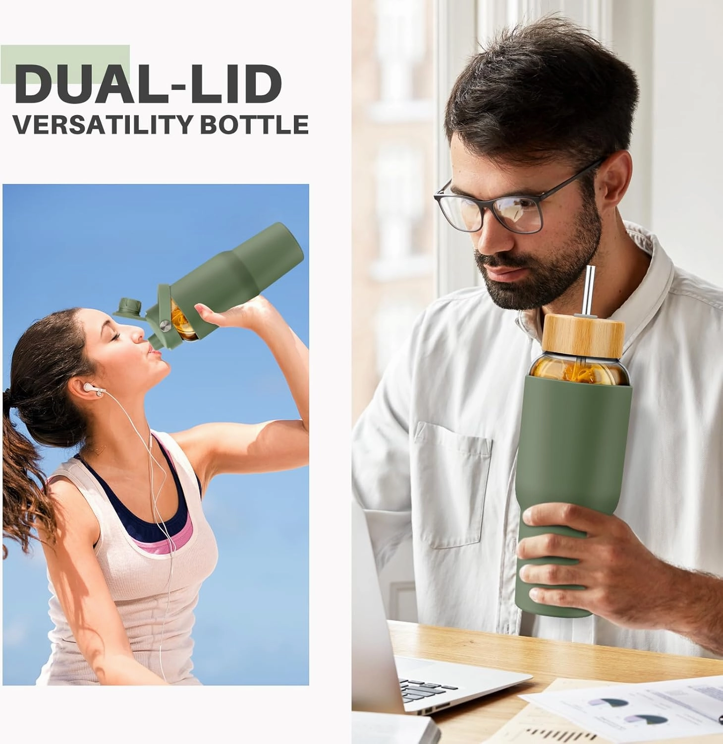 PROBTTL Glass Water Bottles 32 oz, 1 Liter Glass Tumbler, Borosilicate Water Bottle with Straw, Silicone Sleeve, 2 Lids - Handle Spout & Bamboo Straw Lid, Fits Car Cup Holder