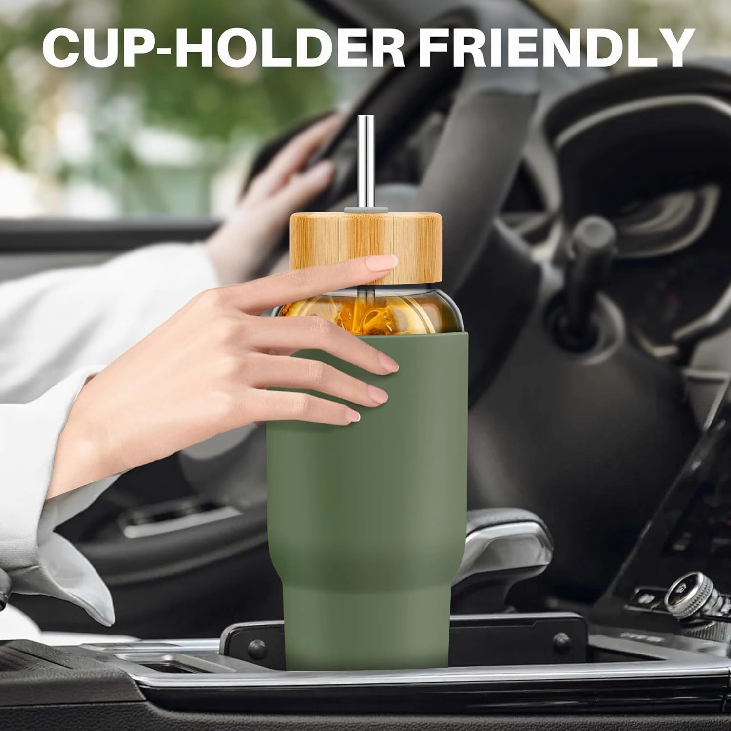 PROBTTL Glass Water Bottles 32 oz, 1 Liter Glass Tumbler, Borosilicate Water Bottle with Straw, Silicone Sleeve, 2 Lids - Handle Spout & Bamboo Straw Lid, Fits Car Cup Holder