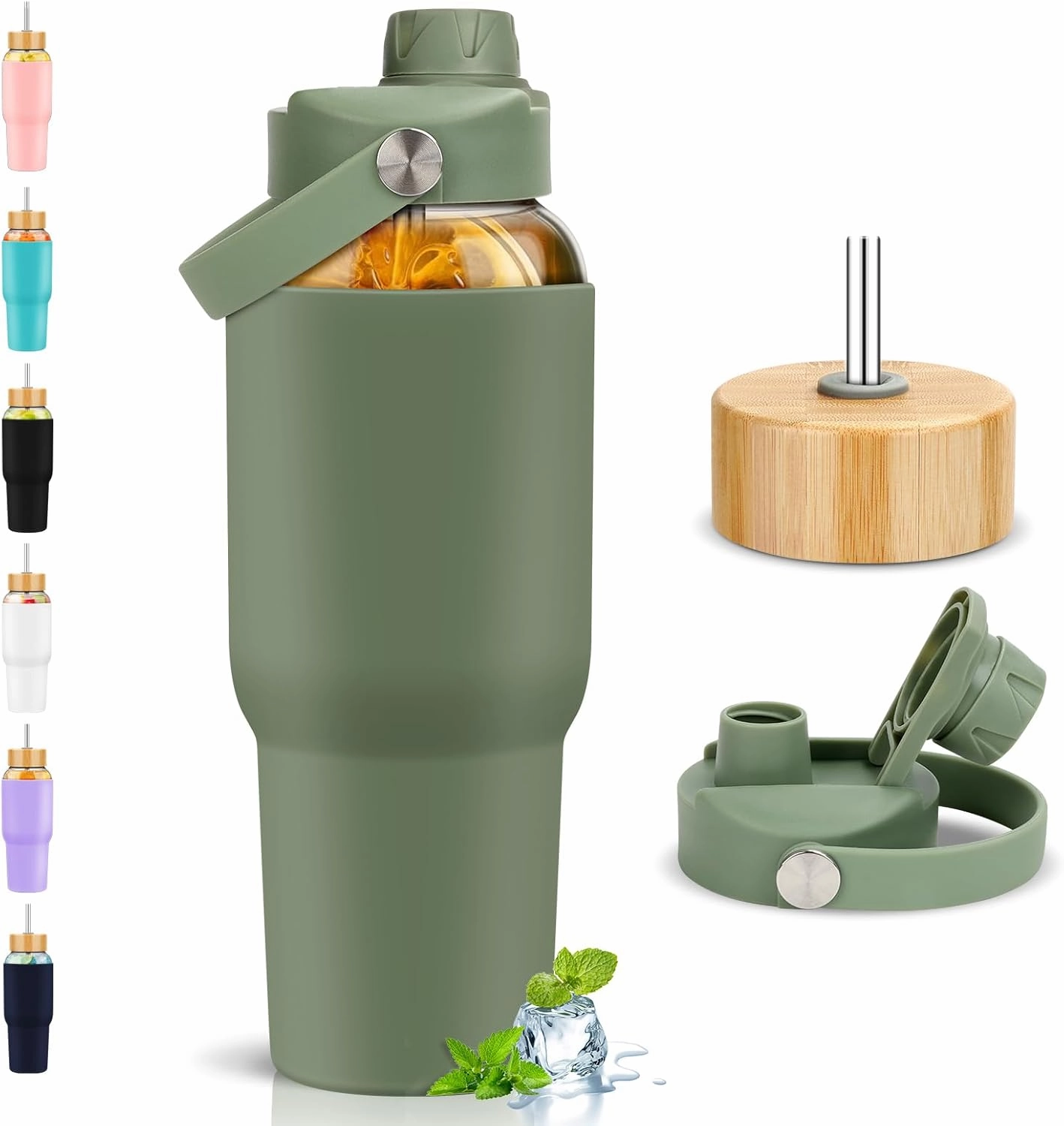 PROBTTL Glass Water Bottles 32 oz, 1 Liter Glass Tumbler, Borosilicate Water Bottle with Straw, Silicone Sleeve, 2 Lids - Handle Spout & Bamboo Straw Lid, Fits Car Cup Holder
