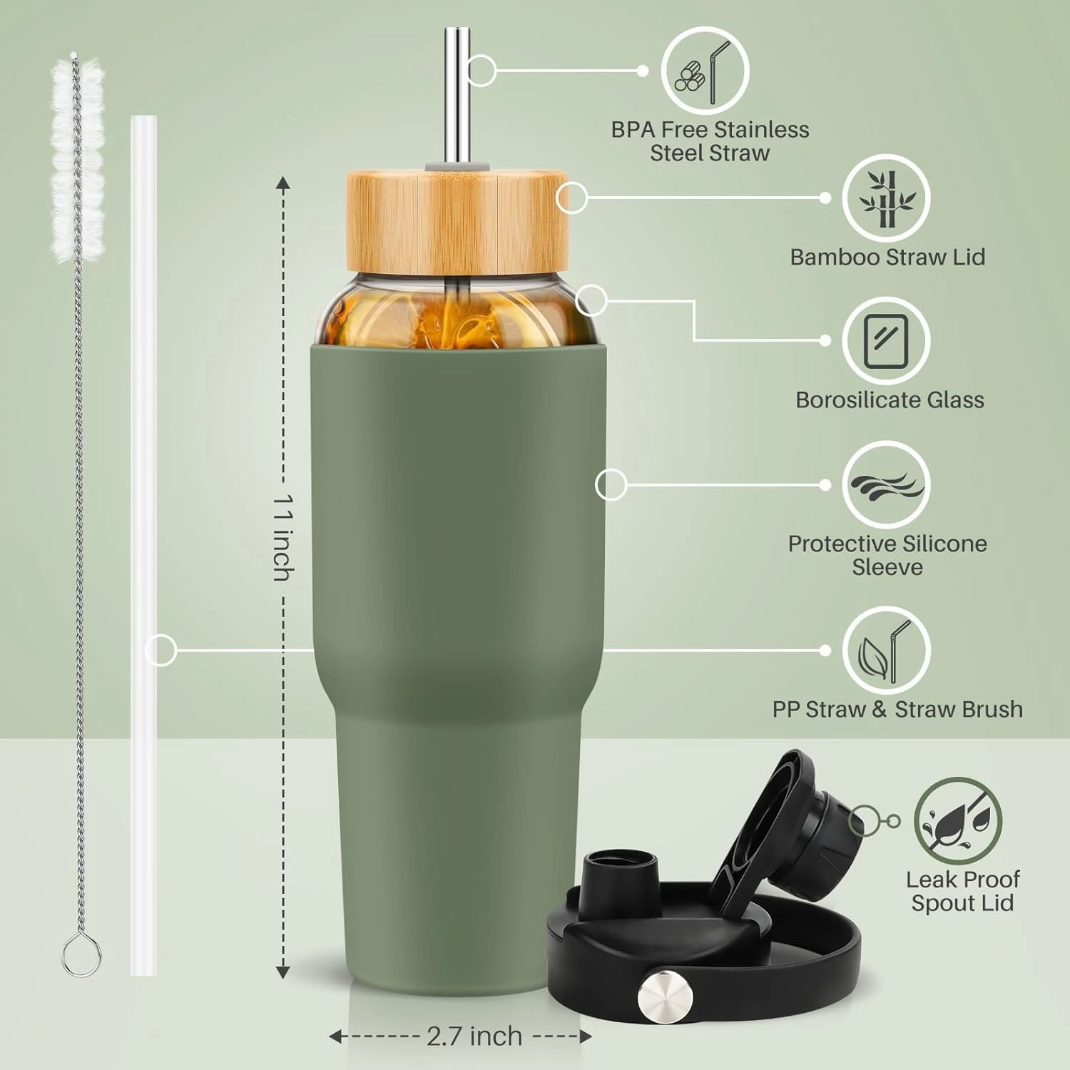 PROBTTL Glass Water Bottles 32 oz, 1 Liter Glass Tumbler, Borosilicate Water Bottle with Straw, Silicone Sleeve, 2 Lids - Handle Spout & Bamboo Straw Lid, Fits Car Cup Holder