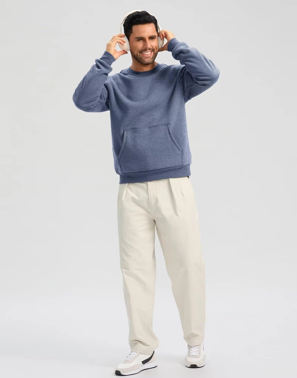 Pudolla Men's Sherpa Lined Sweatshirts Warm Soft Crewneck Sweatshirts Heavyweight Winter Pullover Kangaroo with Pouch Pocket