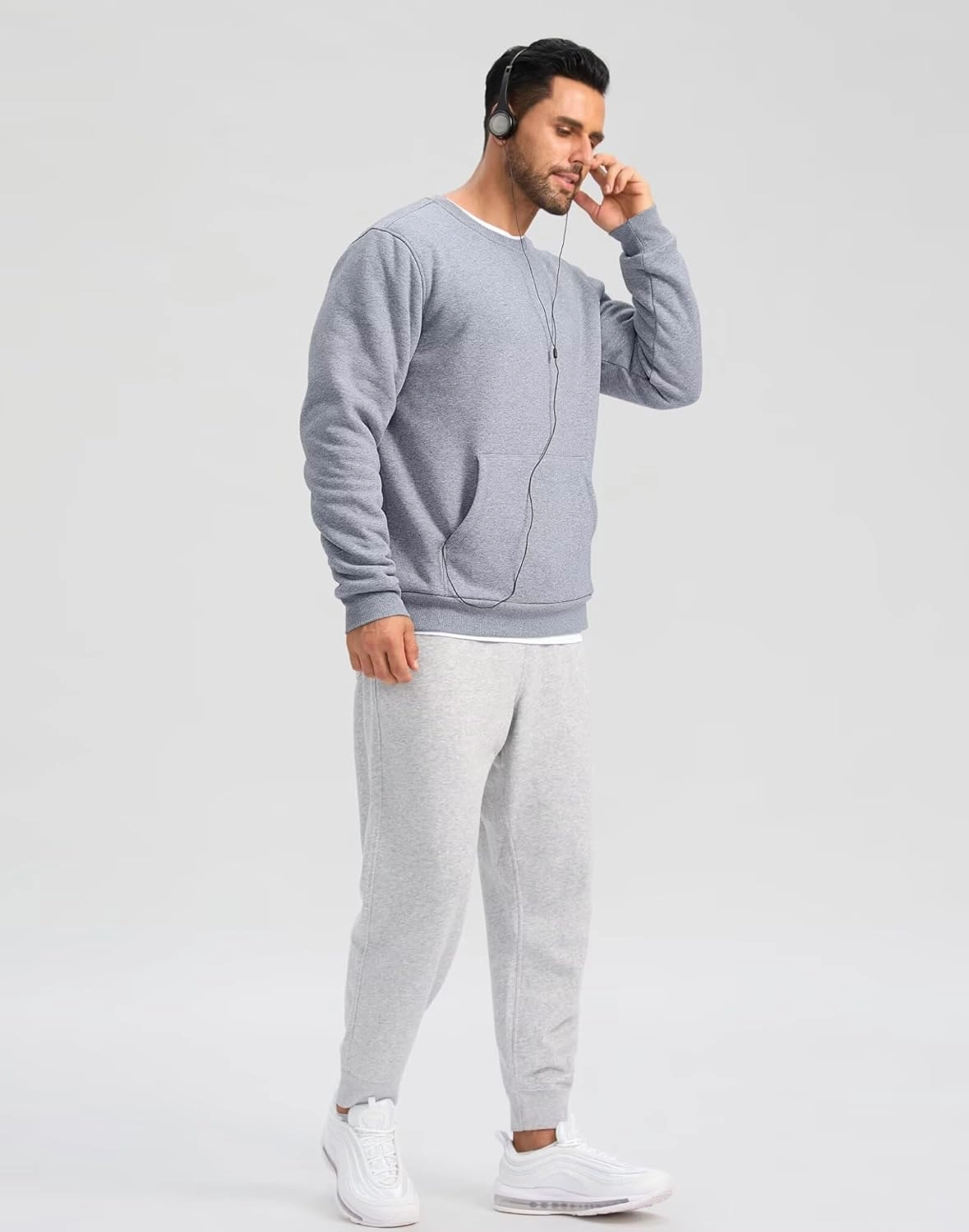 Pudolla Men's Sherpa Lined Sweatshirts Warm Soft Crewneck Sweatshirts Heavyweight Winter Pullover Kangaroo with Pouch Pocket