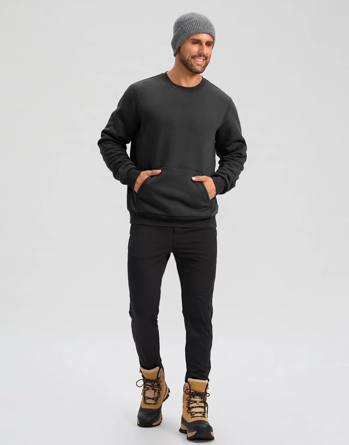 Pudolla Men's Sherpa Lined Sweatshirts Warm Soft Crewneck Sweatshirts Heavyweight Winter Pullover Kangaroo with Pouch Pocket