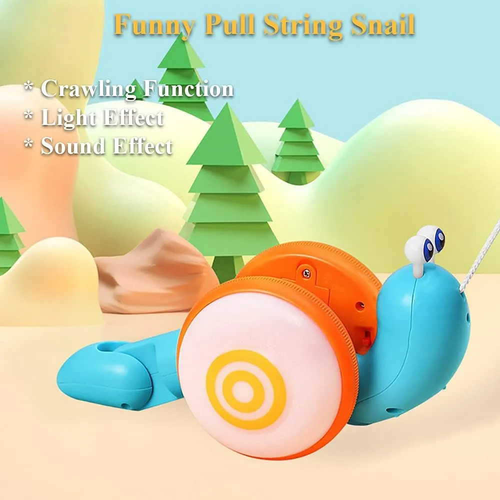 Pull String Crawling Snail, Funny Wriggly Snail Toddlers Walking-Learning Toy Pull and Push Baby Toy with Music and Lights Effect (Yellow-red)